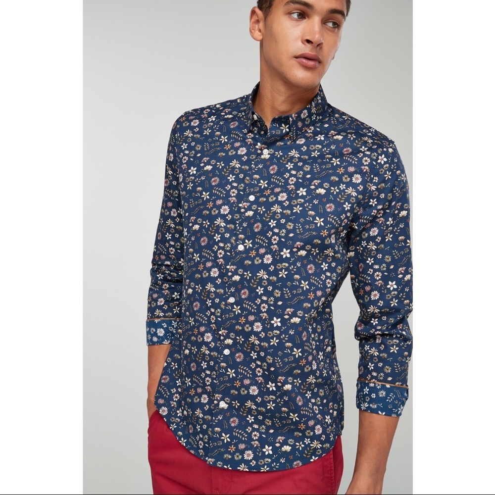 NEXT • navy blue floral print button down shirt long sleeve